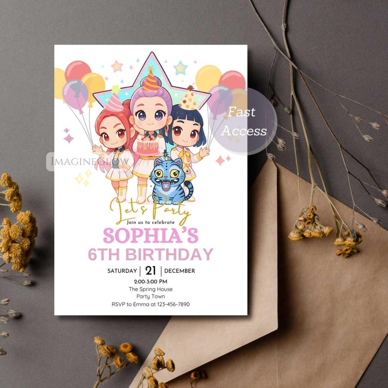 May include: A birthday party invitation featuring three cartoon girls holding balloons and a cake, with a blue cat. The invitation reads "Let's Party" and announces Sophia's 6th birthday on December 21st at The Spring House.