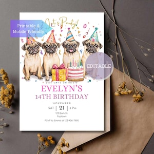 Mops Hund Geburtstagseinladung Vorlage - Feier Karte - Printable & Mobile Party Einladung - Bearbeitbar in Canva