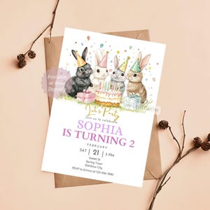 May include: A birthday party invitation featuring four bunnies wearing party hats and holding a birthday cake with candles. The invitation says "Let's Party" and "Sophia is turning 2". The date and time of the party are listed as "February 21 | 3 PM".