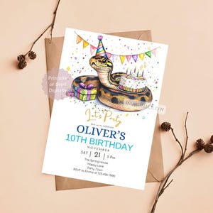 May include: A colorful birthday invitation featuring a cartoon snake wearing a party hat and holding a birthday cake. The text reads "Let's Party" and "Oliver's 10th Birthday". The invitation includes the date, time, and location of the party.