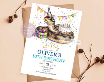 May include: A colorful birthday invitation featuring a cartoon snake wearing a party hat and holding a birthday cake. The text reads "Let's Party" and "Oliver's 10th Birthday". The invitation includes the date, time, and location of the party.