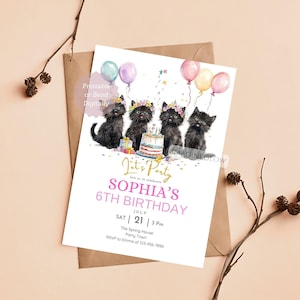May include: A birthday party invitation featuring four black kittens wearing flower crowns, a cake, and balloons. The invitation reads "Let's Party" and announces Sophia's 6th birthday, including the date, time, and location. The invitation is designed to be printable or sent digitally.
