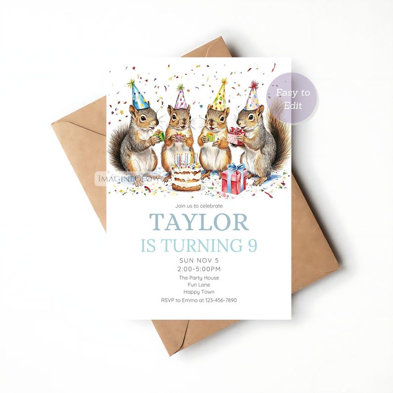 Squirrel Birthday Invitation: Woodland Party, Editable Template ...