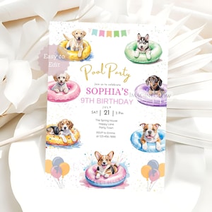 Può includere: Un invito ad acquerello per una festa in piscina con cuccioli in colorati anelli gonfiabili. L'invito include il testo "Pool Party", "9° Compleanno di Sophia" e i dettagli dell'evento. Palloncini e uno striscione completano il design festoso.