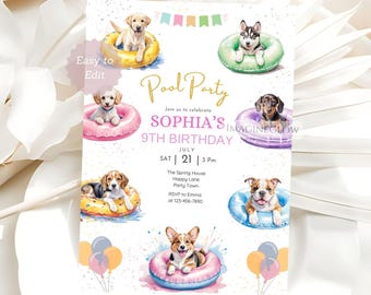 May include: A watercolor invitation for a pool party featuring puppies in colorful inflatable rings. The invitation includes the text "Pool Party," "Sophia's 9th Birthday," and event details. Balloons and a banner add to the festive design.