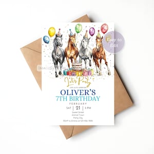Invitation d'anniversaire de cheval pour enfants, invitation à une fête équestre, thème poney, anniversaire pour garçons, carte d'anniversaire de cheval, fête de la ferme de cow-boys de cow-girl western