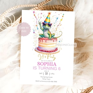 May include: A birthday party invitation featuring a watercolor illustration of a lizard wearing sunglasses and a party hat, atop a colorful cake. The invitation reads "Let's Party" and announces Sophia's 6th birthday, with date, time, and location.