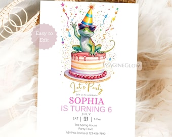May include: A birthday party invitation featuring a watercolor illustration of a lizard wearing sunglasses and a party hat, atop a colorful cake. The invitation reads "Let's Party" and announces Sophia's 6th birthday, with date, time, and location.