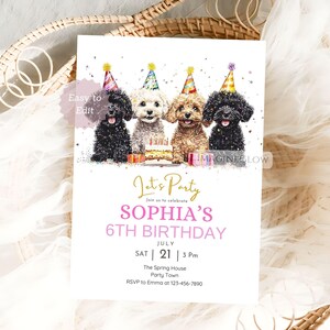 May include: Birthday invitation featuring four adorable cartoon dogs wearing party hats, with a birthday cake. The invitation reads "Let's Party" and announces Sophia's 6th birthday on July 21st at 3 PM. The text "Easy to Edit" is also present.