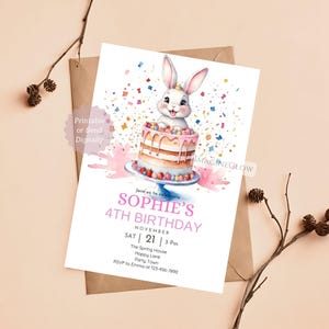Convite de aniversário de coelho, convite fofo para festa de coelho, bolo de aniversário, convite de aniversário de animal da floresta, convite rosa para meninas, modelo editável