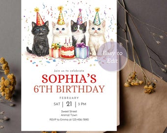 Cat Birthday Invitation Cute Kitten Theme Birthday Invite Editable Kitty Celebration Card Customizable Cat Lover Gift Pet Party Invitation