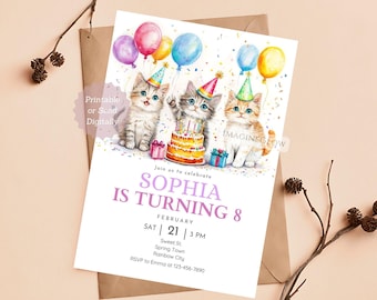 子猫の誕生日招待状、編集可能な子猫パーティー招待状（デジタルダウンロード）