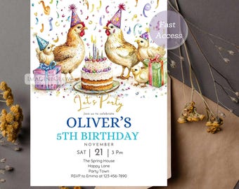 May include: A birthday invitation with a watercolor illustration of chickens wearing party hats and holding presents. The text reads "Let's Party, Join us to celebrate Oliver's 5th Birthday, November 21, 3 PM, The Spring House, Happy Lane, Party Town, RSVP to Emma at 123-456-7890".