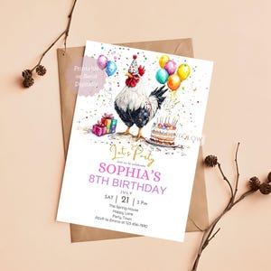 Invitation d'anniversaire de coq, invitation de poule de poulet, invitation de fête d'animaux de la ferme, invitation d'enfants sur le thème de la ferme, invitation de fête de basse-cour modifiable