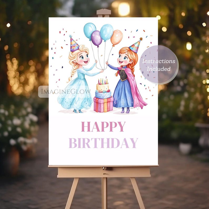 May include: A white sign on an easel with a watercolor illustration of two cartoon princesses holding balloons. The sign reads "HAPPY BIRTHDAY" in pink letters. A cake and confetti are also featured.