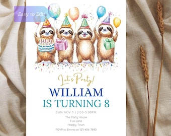 Sloth Birthday Invitation Cute Animal Party Invite for Kids Relaxed Sloth Themed Birthday Card Editable Printable Jungle Celebration