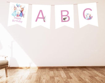 Bandierine di compleanno Frozen: striscione stampabile a tema principessa Elsa e Anna