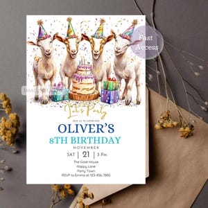 May include: A birthday invitation with a colorful confetti background featuring four goats wearing party hats. The goats are standing in front of a birthday cake and presents. The text on the invitation reads "Let's Party, Join us to celebrate Oliver's 8th Birthday, November 21, 3 PM, The Goat House, Happy Lane, Party Town, RSVP to Emma at 123-456-7890".