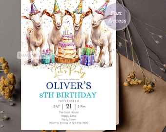 May include: A birthday invitation with a colorful confetti background featuring four goats wearing party hats. The goats are standing in front of a birthday cake and presents. The text on the invitation reads "Let's Party, Join us to celebrate Oliver's 8th Birthday, November 21, 3 PM, The Goat House, Happy Lane, Party Town, RSVP to Emma at 123-456-7890".
