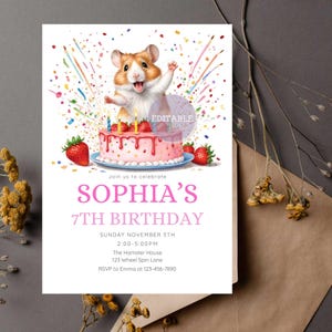 Invitation d'anniversaire hamster mignon, gâteau aux fraises, invitation de fête rose, carte d'anniversaire fille hamster modifiable, invitation de fête aux fraises d'anniversaire