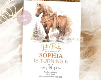 Invitación de cumpleaños de caballo: Plantilla de invitación para fiesta de ponis de invierno (descarga digital)