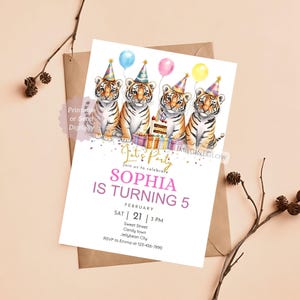 Convite de aniversário de tigre, convite para festa de aventura selvagem, convite para safari na selva para crianças, animais de safári editáveis, festa de aniversário, celebração