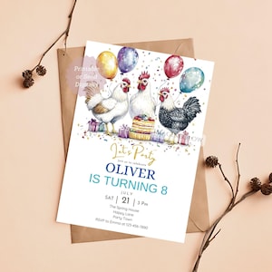 Invitación de cumpleaños de gallo, invitación para fiesta de gallina y pollo, tarjeta de cumpleaños de gallo, linda invitación de granja con temática de granero, invitación editable de animales de granja