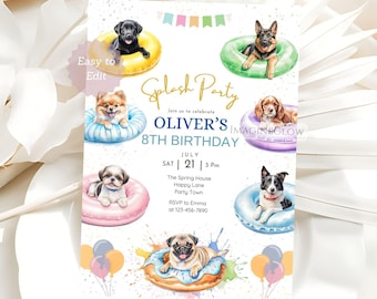 May include: A watercolor invitation for a "Splash Party" birthday celebration. The invitation features illustrations of puppies in colorful inflatable rings. Text includes "Oliver's 8th Birthday," date, time, and RSVP information. The design incorporates balloons and splashes.