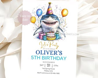Invito di compleanno a tema squalo: festa nell'oceano sottomarino, modello modificabile (download digitale)