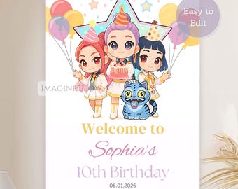 KPOP Birthday Welcome Sign Editable HUNTRIX Anime Party Poster Printable Party Decoration