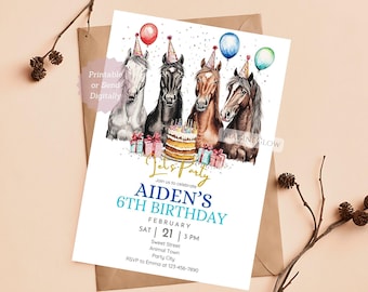 May include: A birthday invitation with a watercolor illustration of four horses wearing party hats and holding presents. The text reads "Let's Party" and "Aiden's 6th Birthday" with the date and time of the party.