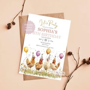 Invitation d'anniversaire de poulet, invitation de fête à la ferme, fleurs sauvages, carte d'anniversaire de coq, invitation de fête de basse-cour mignonne, invitation modifiable d'animaux de ferme