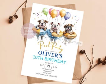 Könnte beinhalten: Eine druckbare Einladung zu einer Poolparty zur Feier von Olivers 10. Geburtstag. Die Einladung zeigt drei Cartoon-Bulldoggen, die aufblasbare Ringe tragen und in einem Pool schwimmen. Der Hintergrund ist weiß mit bunten Luftballons und Konfetti. Der Text lautet "Pool Party, Feiern Sie mit uns Olivers 10. Geburtstag, August 21, 15:00 Uhr, The Spring House, Happy Lane, Party Town, RSVP an Emma unter 123-456-7890".