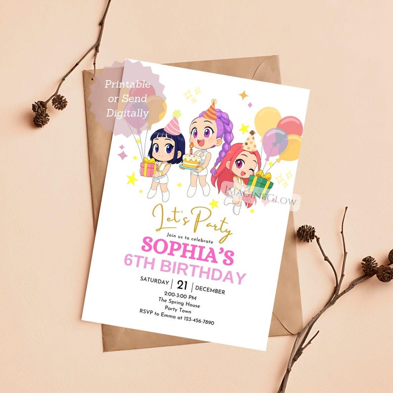 May include: A birthday party invitation with cartoon characters, balloons, and a cake. The invitation says "Let's Party" and announces Sophia's 6th birthday on December 21st at 2:00 PM. The invitation is designed to be printable or sent digitally. The design is on a white background.