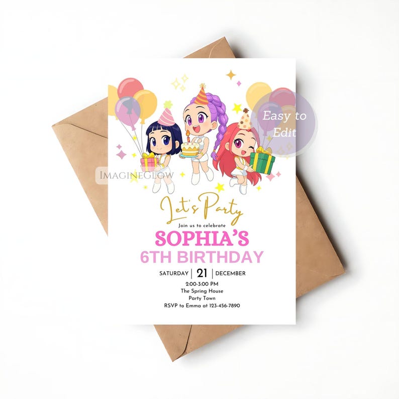 May include: A birthday party invitation with cartoon characters, balloons, and the text "Let's Party". The invitation is for Sophia's 6th birthday, with the date, time, and RSVP details. The invitation is on a white background.