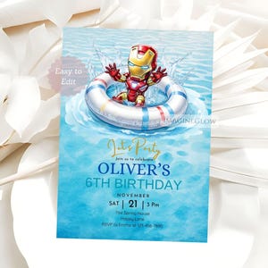 May include: A birthday party invitation featuring Iron Man in a pool float. The invitation has a blue background with the text "Let's Party" and details for Oliver's 6th birthday, including the date, time, and location.