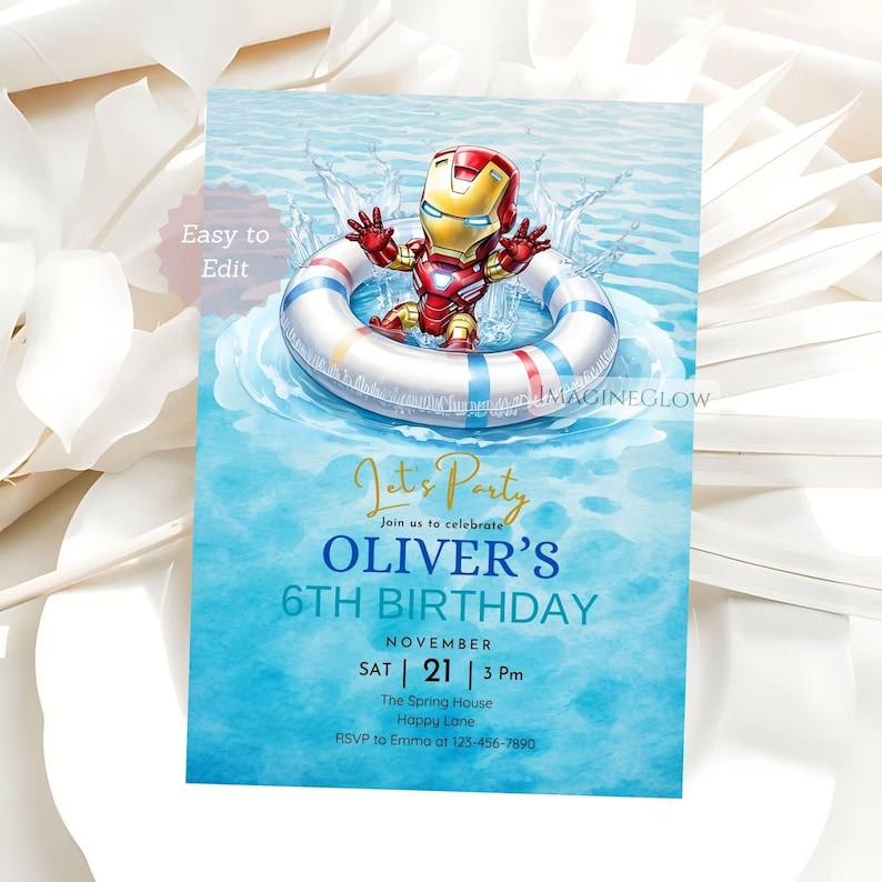 iron man pool party invitation
marvel superhero swim birthday invite