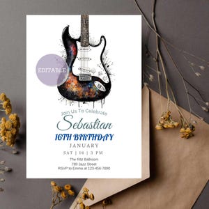May include: A birthday invitation with a galaxy-themed electric guitar graphic. The text reads "Join Us To Celebrate Sebastian 16th Birthday January Sat 16 3 PM The Ritz Ballroom 789 Jazz Street RSVP to Emma at 123-456-7890"