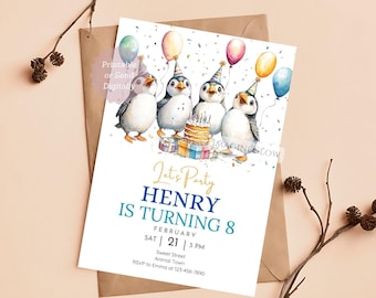Invitación de cumpleaños de frailecillos: Fiesta de aves costeras (plantilla de Canva)