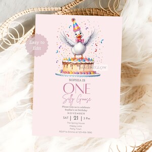 Invitation de premier anniversaire One Silly Goose, invitation d'anniversaire d'oie, invitation de fête des animaux de la ferme, carte d'anniversaire fille modifiable, invitation d'anniversaire d'oies