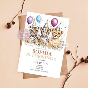 野生の猫の誕生日招待状、ライオン、ヒョウ、チーター、トラのパーティー招待状、サファリジャングルの招待状、編集可能な赤ちゃん動物の誕生日パーティーのお祝い