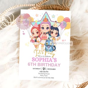 May include: A birthday party invitation featuring three cartoon girls, a blue cat, and balloons. The invitation reads "Let's Party" and announces Sophia's 6th birthday on December 21st. The invitation includes the party's time, location, and RSVP information.