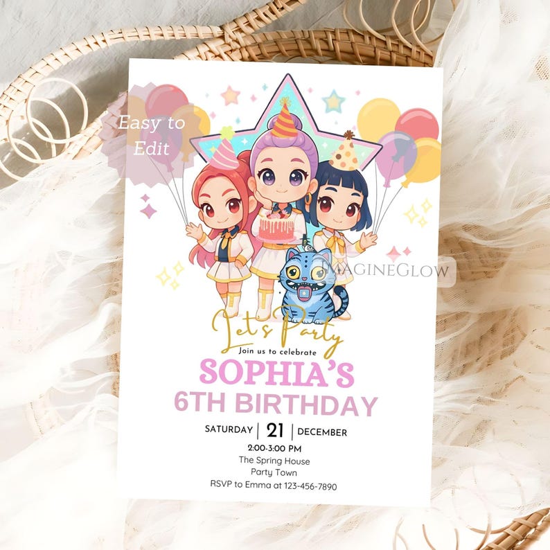 May include: A birthday party invitation featuring three cartoon girls, a blue cat, and balloons. The invitation reads "Let's Party" and announces Sophia's 6th birthday on December 21st. The invitation includes the party's time, location, and RSVP information.