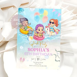 Peut inclure: Une invitation colorée pour une "Splash Party" célébrant le 6e anniversaire de Sophia. Le design présente des illustrations de dessins animés de filles dans des bouées gonflables, des ballons et le texte "Easy to Edit". La date est le 21 juillet à 15h.