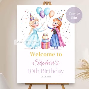 May include: A birthday party welcome sign featuring two cartoon girls holding balloons and a cake. The sign reads "Welcome to Sophia's 10th Birthday" with the date 08.01.2025. The image has a watercolor style with confetti.
