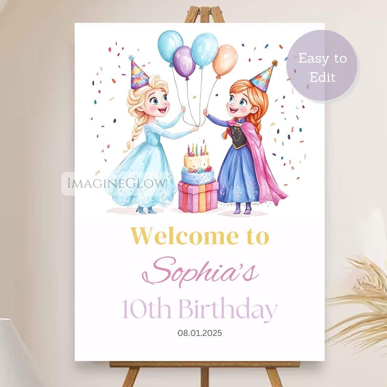 May include: A birthday party welcome sign featuring two cartoon girls holding balloons and a cake. The sign reads "Welcome to Sophia's 10th Birthday" with the date 08.01.2025. The image has a watercolor style with confetti.