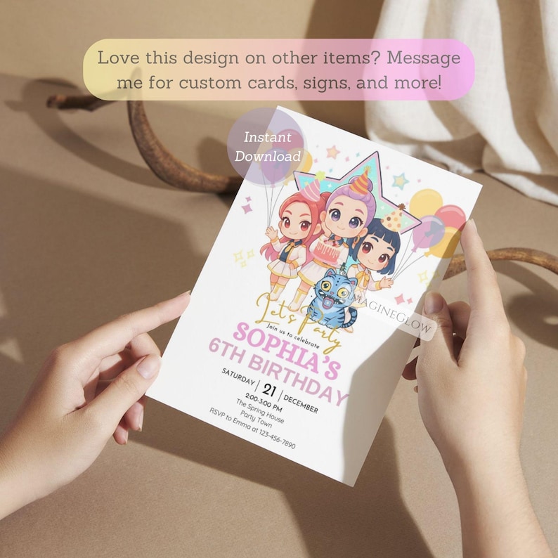 May include: A birthday party invitation featuring three cartoon girls, balloons, and a blue cat. The invitation reads "Sophia's 6th Birthday" with event details. Text at the top says "Love this design on other items? Message me for custom cards, signs, and more!"