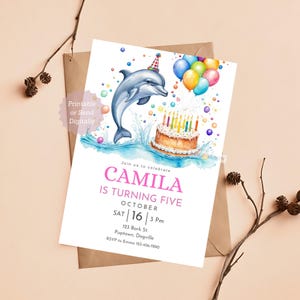 Faire-part de fête d'anniversaire dauphin Faire-part à thème océan avec ballon Carte d'anniversaire dauphin mignon Invitation de fête dauphin modifiable pour enfant