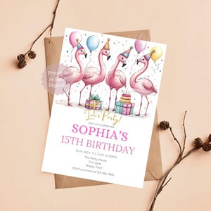 Flamingos Geburtstagseinladung Vogel Party laden Kinder Geburtstagskarte ein Bearbeitbare Flamingos laden Tier-Geburtstagsfeier-Vogelliebhaber ein