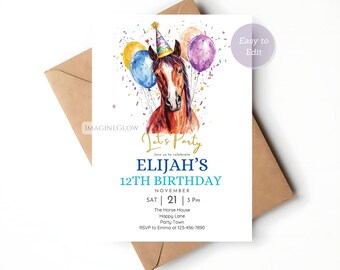 Invitación para fiesta de cumpleaños de caballos: temática del oeste, plantilla editable (descarga digital)